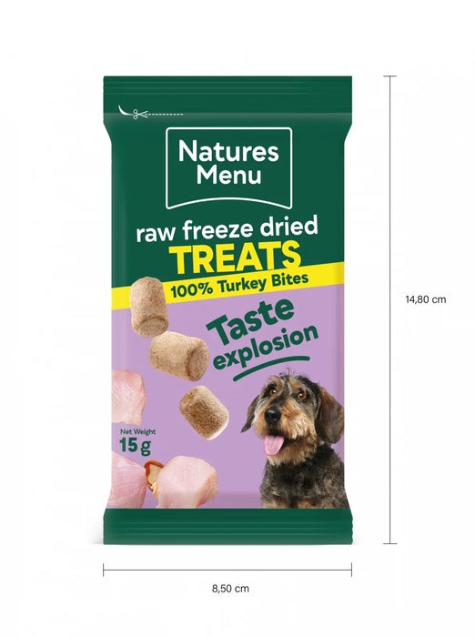 Natures Menu raw freeze dried treats packaging for dogs with dimensions indicated.