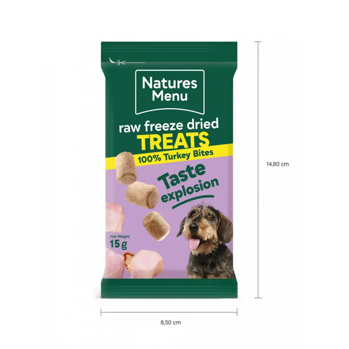 Natures Menu raw freeze dried treats packaging for dogs with dimensions indicated.