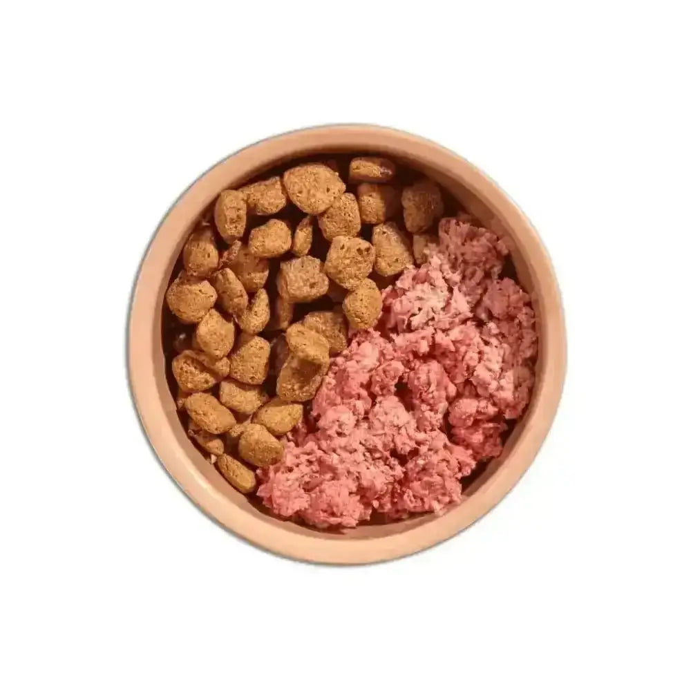 Terracotta bowl of Natures Menu Mighty Mixer Biscuit Salmon kibble with pink meat chunks for nutritious crunch in home prepared meals