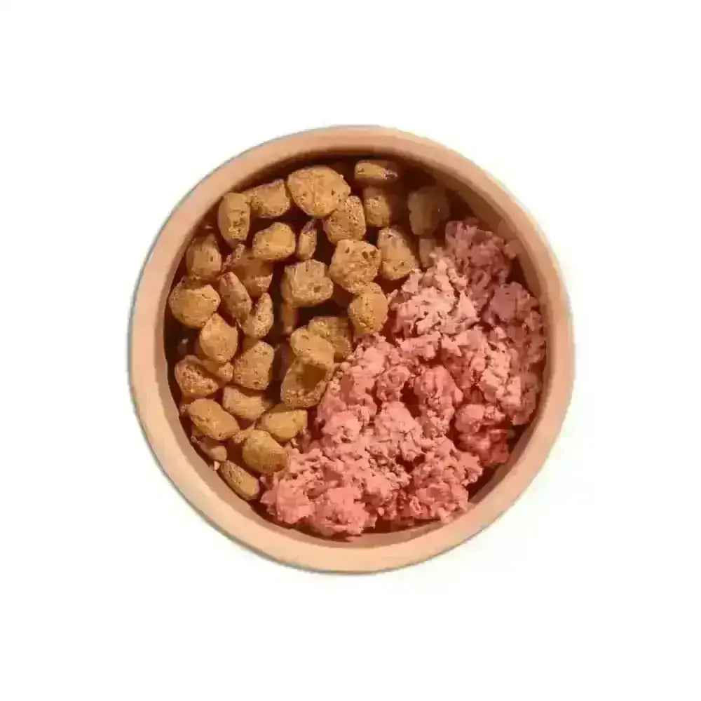Terracotta bowl of Natures Menu Mighty Mixer Biscuit Salmon kibble with pink meat chunks for nutritious crunch in home prepared meals