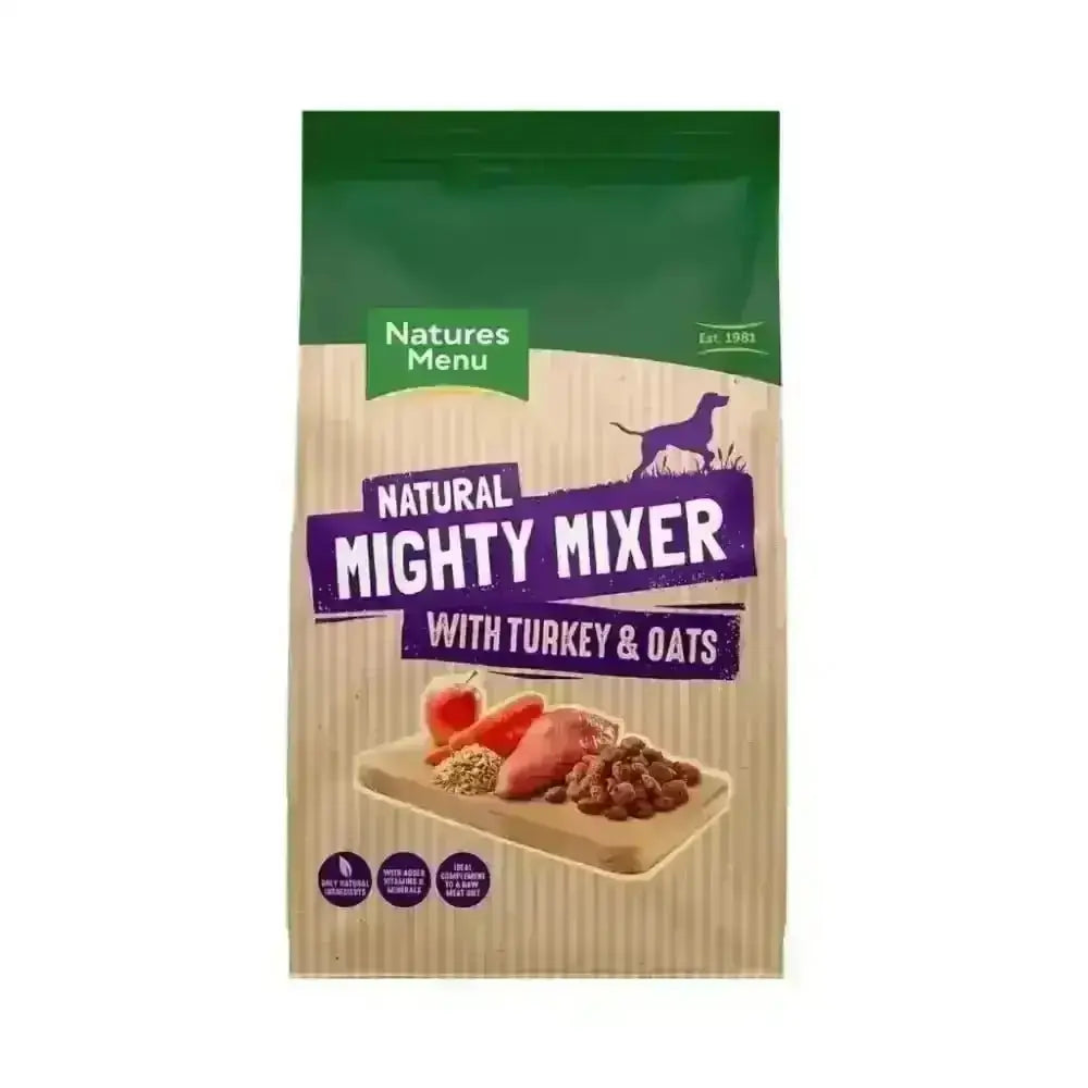 Natures Menu Mighty Mixer Biscuit with Turkey and Oats dog food bag featuring sulphate monohydrate
