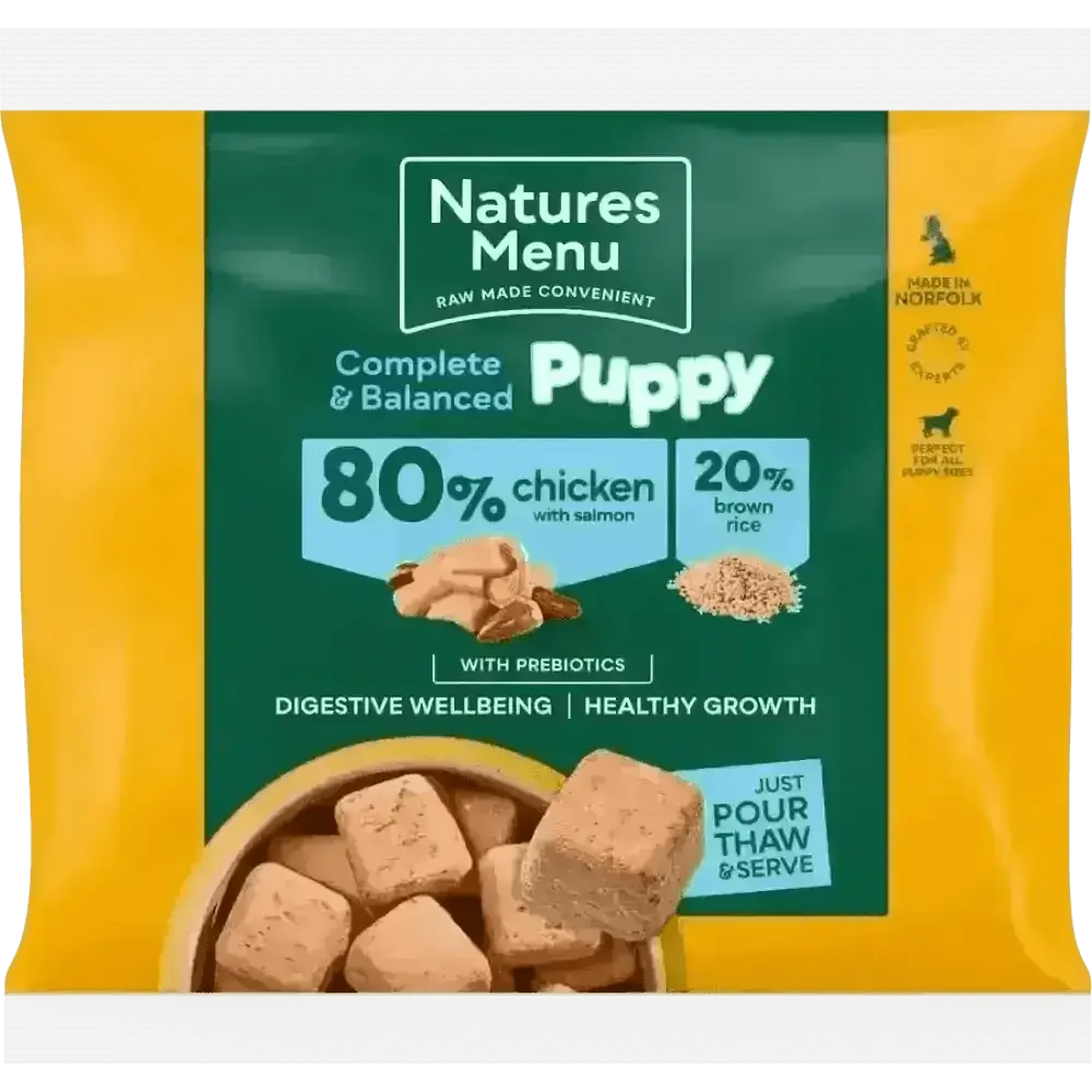 Natures Menu puppy chicken with salmon and brown rice pouch for puppies