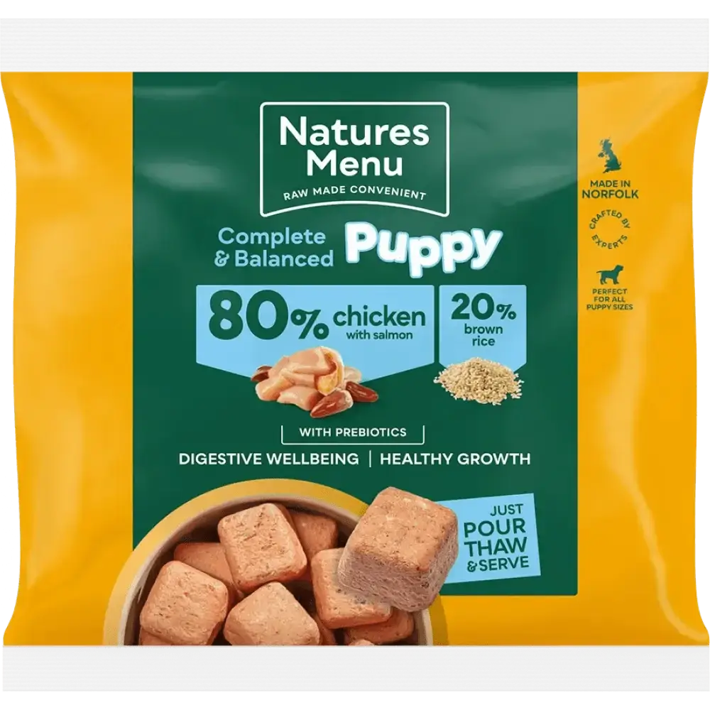 Natures Menu puppy chicken with salmon and brown rice pouch for puppies