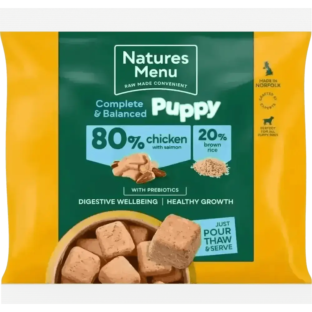 Natures Menu puppy chicken with salmon and brown rice pouch for puppies