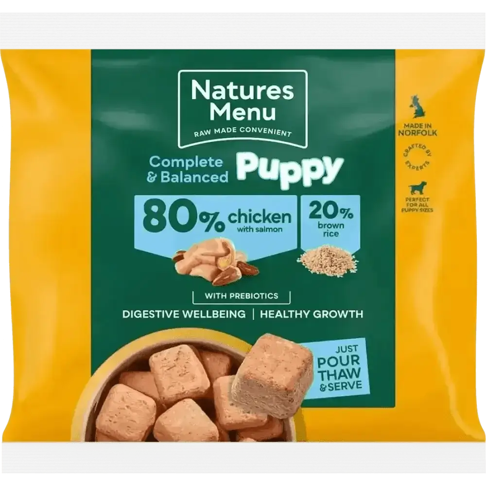Natures Menu puppy chicken with salmon and brown rice pouch for puppies