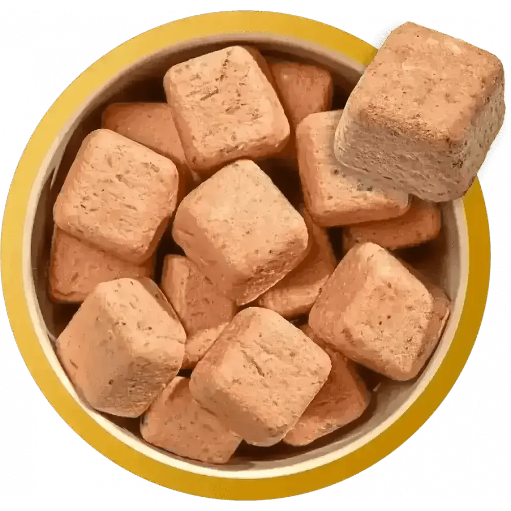 Natures Menu Puppy Chicken pink marshmallow cubes in yellow bowl