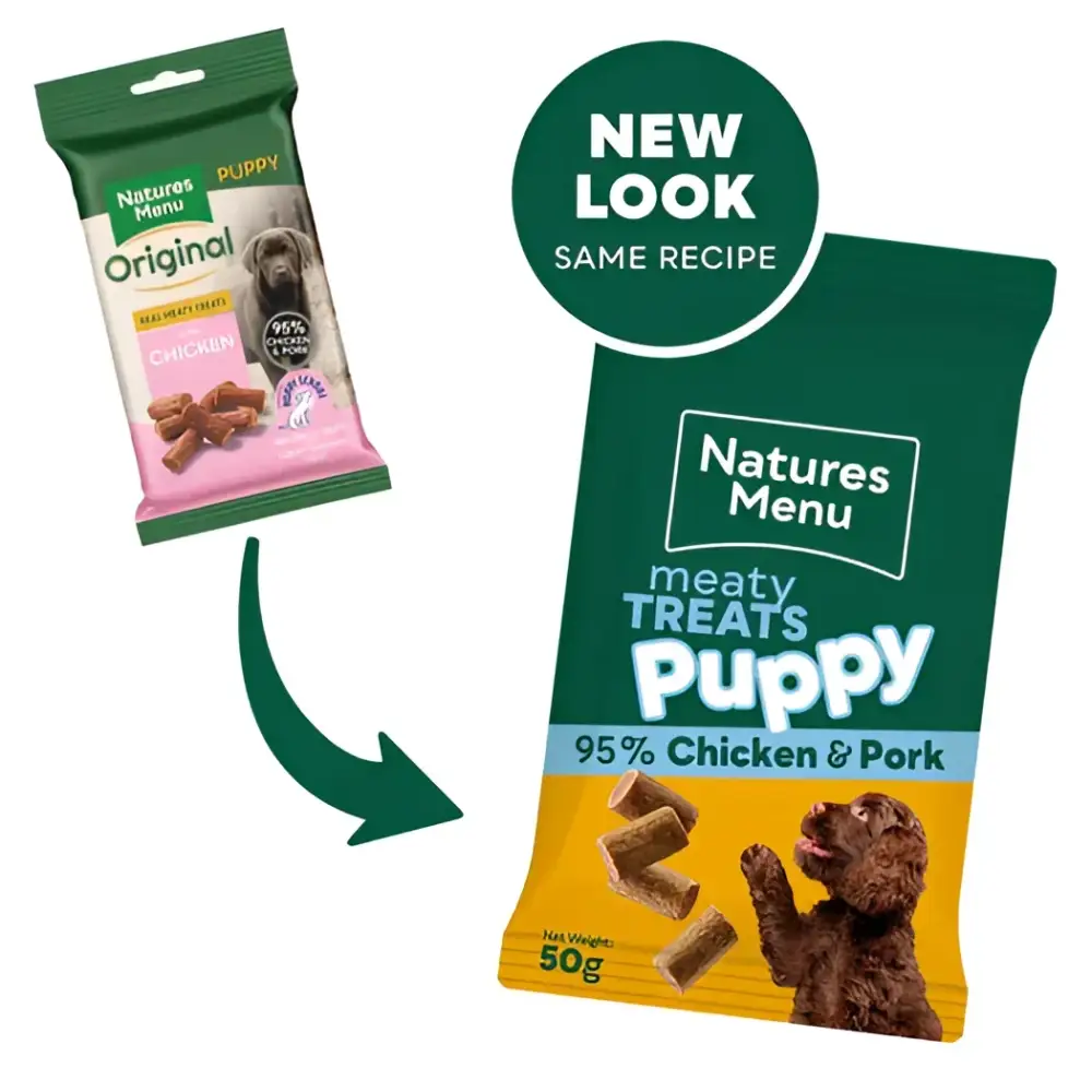 Natures Menu’s grain free puppy treats: real meaty 95% chicken & pork 50g bag