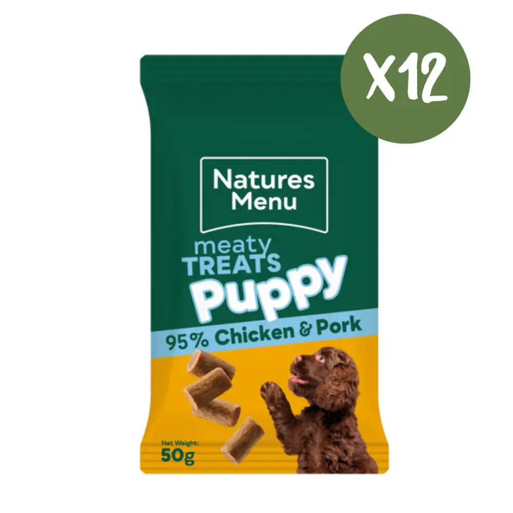 Natures Menu’s grain free puppy treats: real meaty 95% chicken & pork, 50g bag