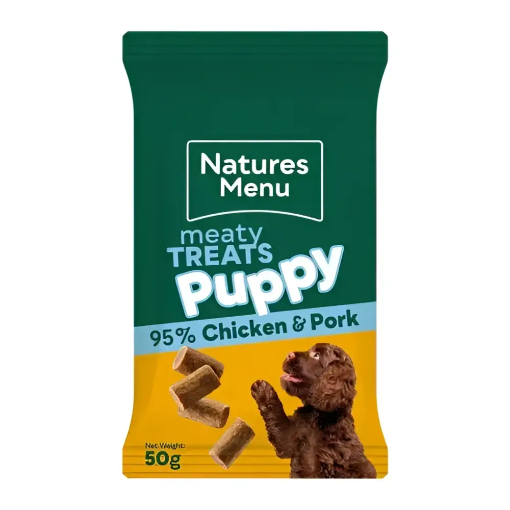 Natures Menu’s real meaty grain free puppy treats, 95% chicken pork, 50g box of 12