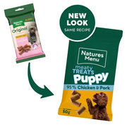 Natures Menu’s grain free puppy treats, real meaty 50g pack with brown dog