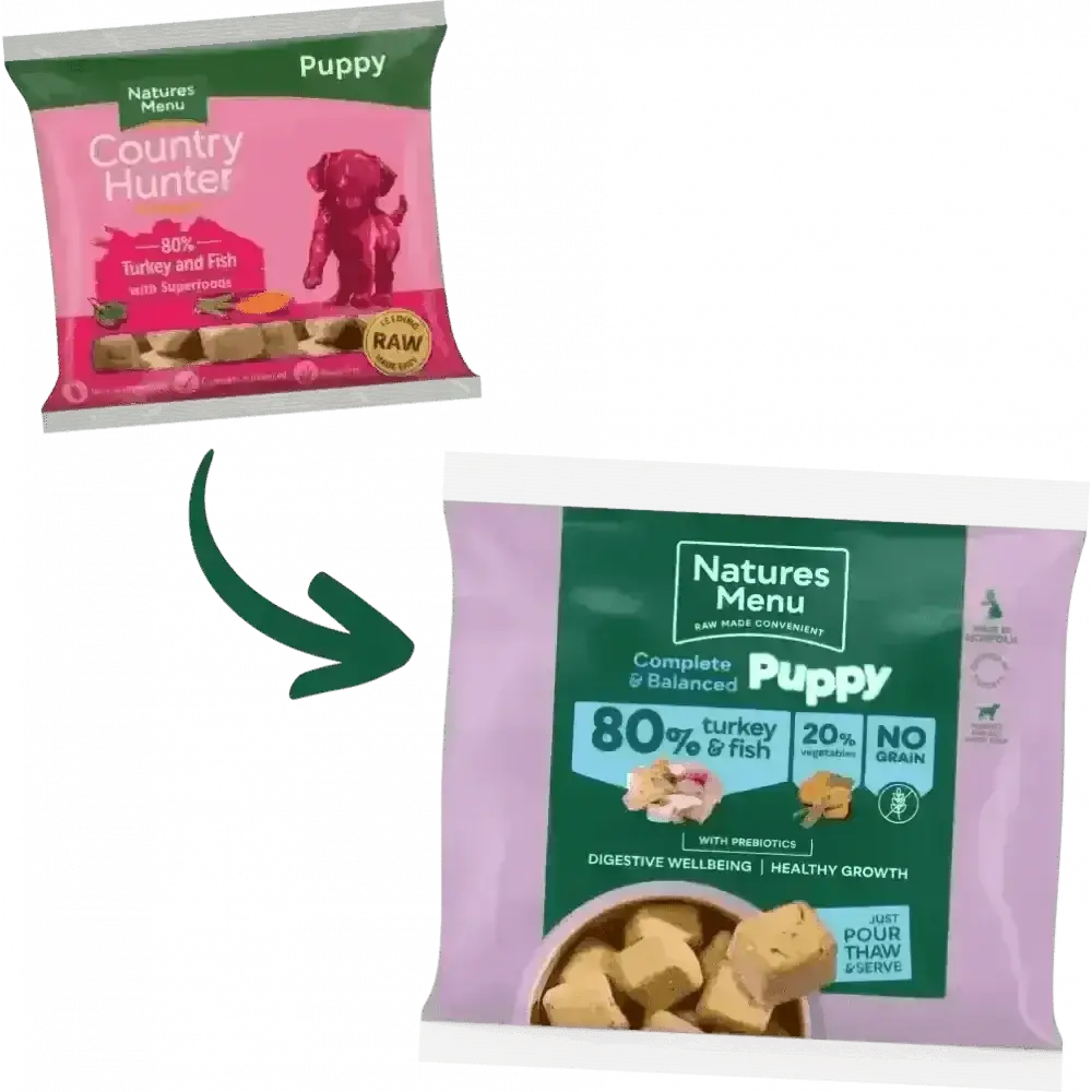 Natures Menu Turkey and Fish Puppy Food bag with raw meat for healthy growth