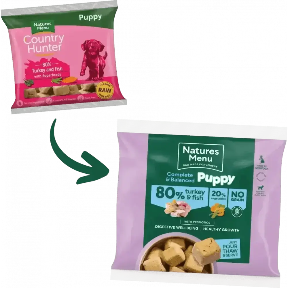 Natures Menu Turkey and Fish Puppy Food bag with raw meat for healthy growth
