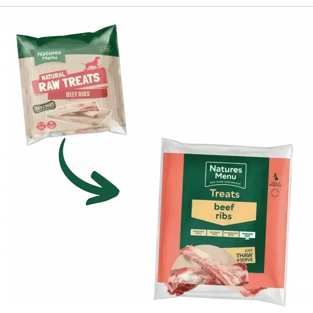 Natures Menu raw beef ribs treats bag in white orange packaging