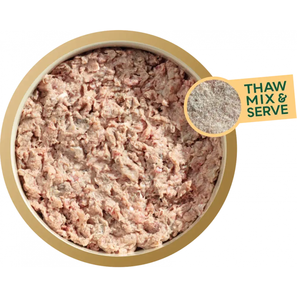 Natures Menu raw chicken and tripe block with ground beef thaw mix and serve single serve packs