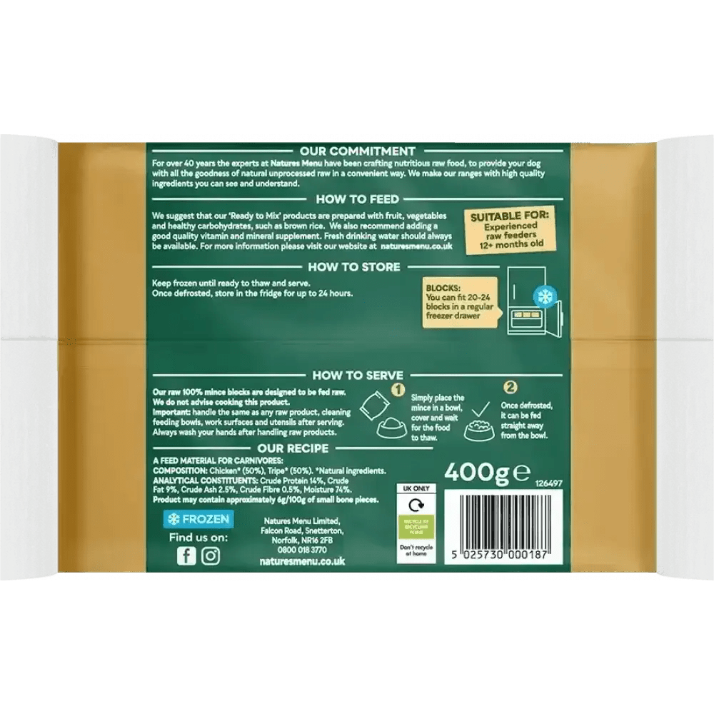 Natures Menu Raw Chicken and Tripe single serve 400g frozen pouch