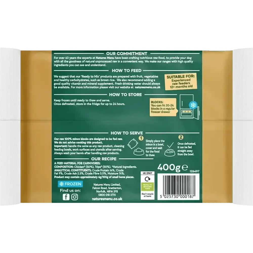 Natures Menu Raw Chicken and Tripe single serve 400g frozen pouch