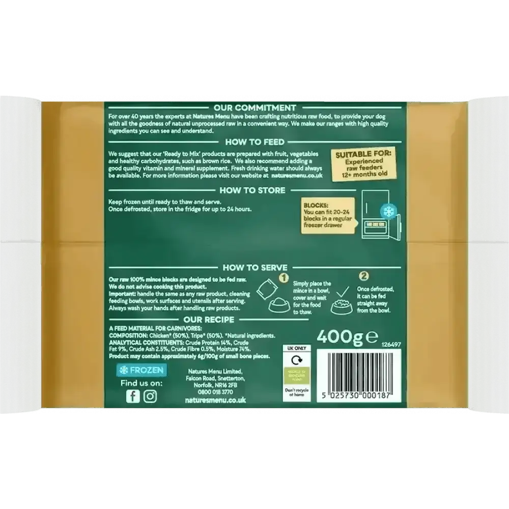 Natures Menu Raw Chicken and Tripe single serve 400g frozen pouch