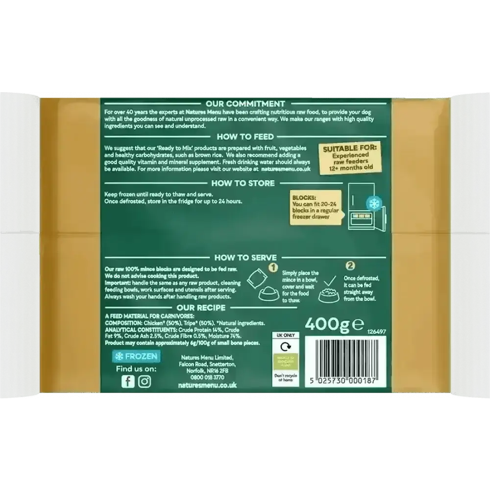 Natures Menu Raw Chicken and Tripe single serve 400g frozen pouch