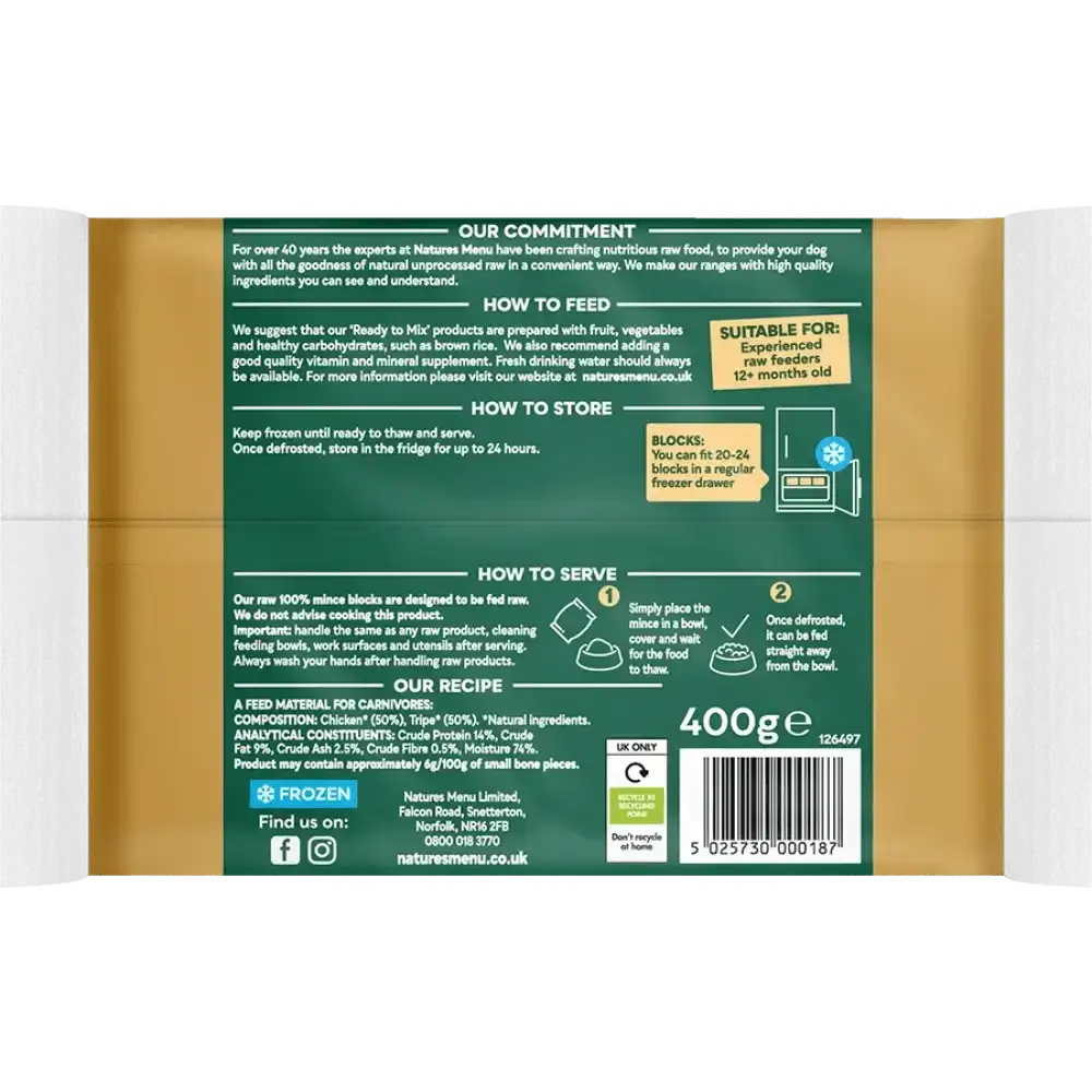 Natures Menu Raw Chicken and Tripe single serve 400g frozen pouch
