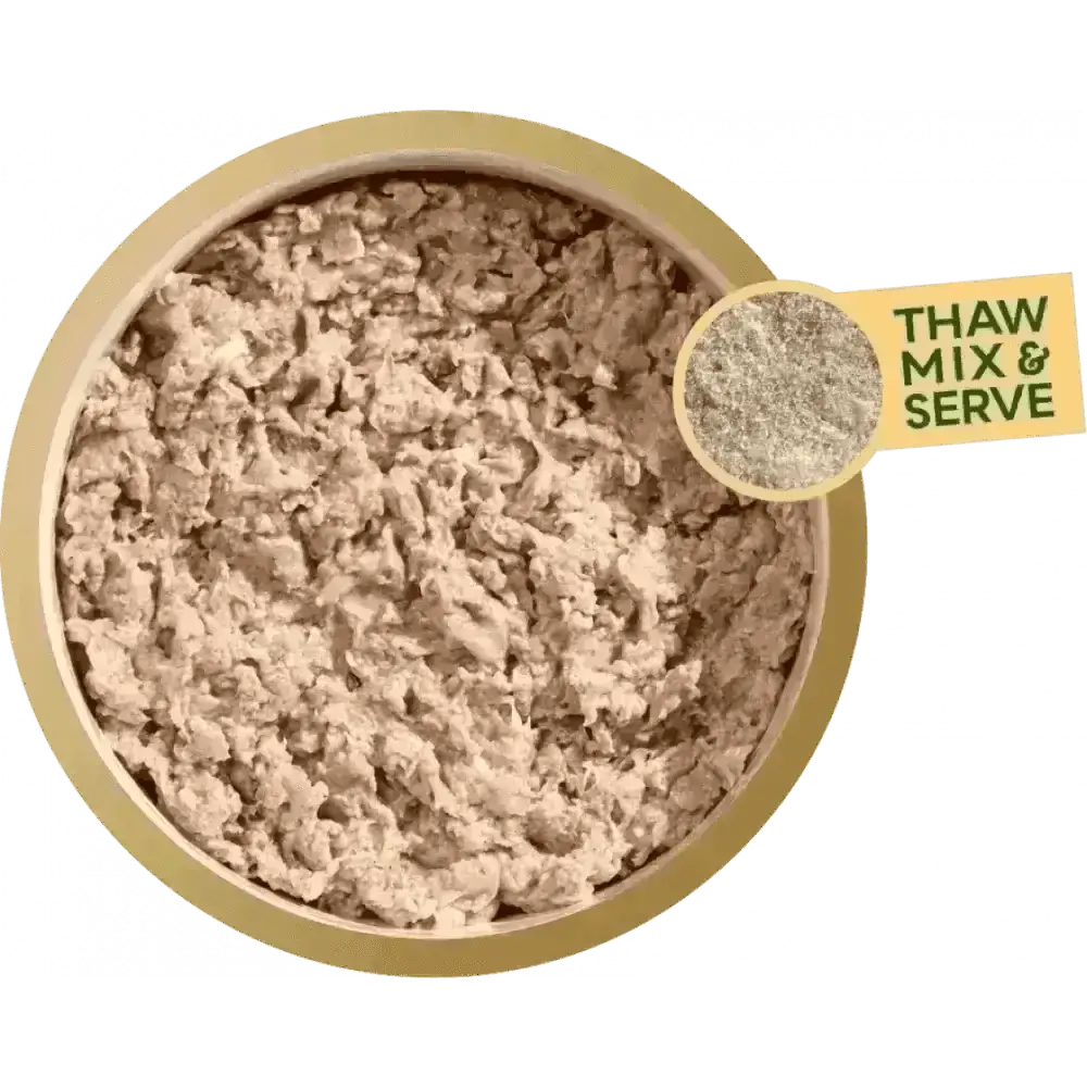 Natures Menu raw chicken and tripe block with ground beef thaw mix and serve single serve packs