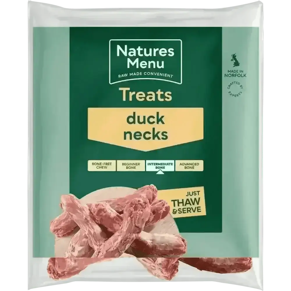 Natures Menu Raw Duck Necks for Dogs in green white package