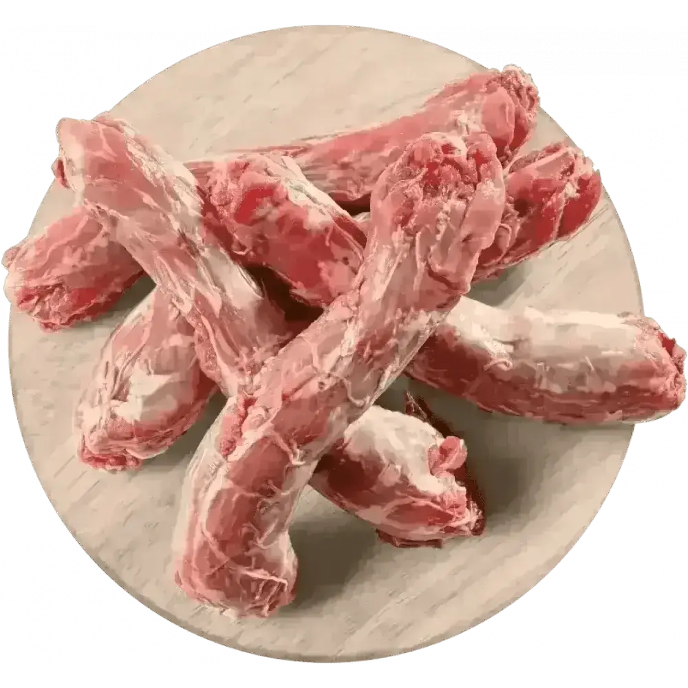 Raw duck necks for dogs on wooden board, highly nutritious