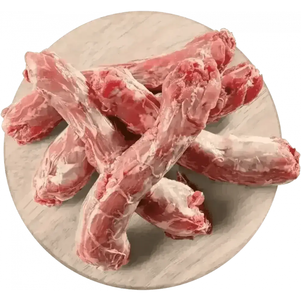 Raw duck necks for dogs on wooden board, highly nutritious