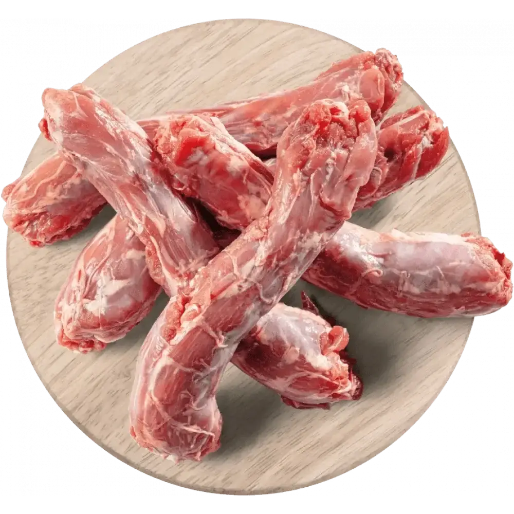 Raw duck necks for dogs on wooden board, highly nutritious