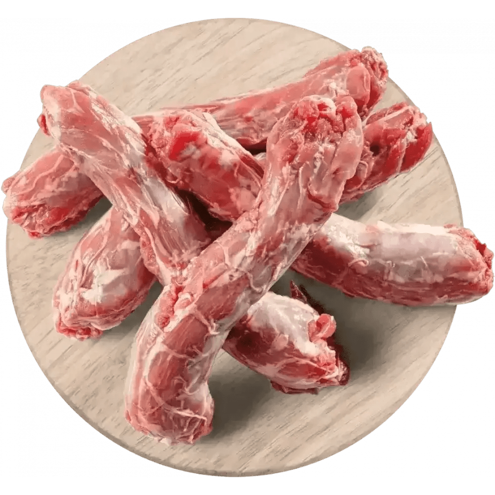 Raw duck necks for dogs on wooden board, highly nutritious