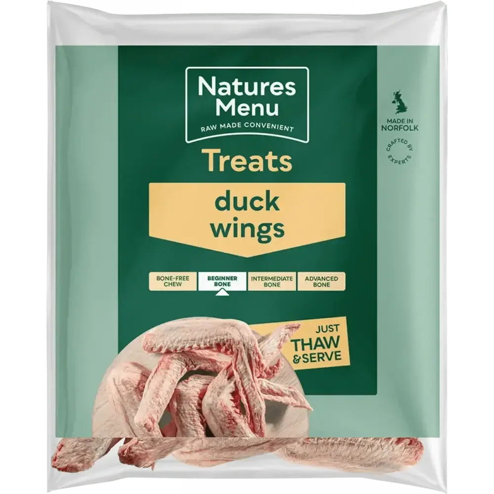 Natures Menu responsibly sourced duck wings raw treat bag, green and white packaging