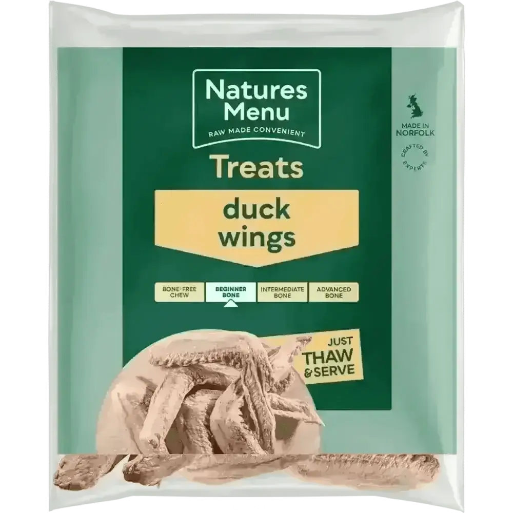 Natures Menu responsibly sourced duck wings raw treat bag, green and white packaging