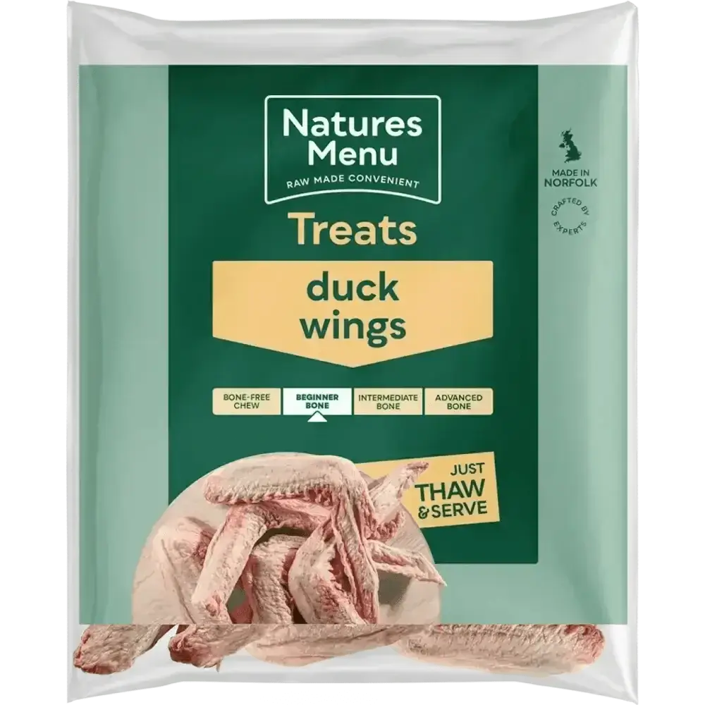 Natures Menu responsibly sourced duck wings raw treat bag, green and white packaging