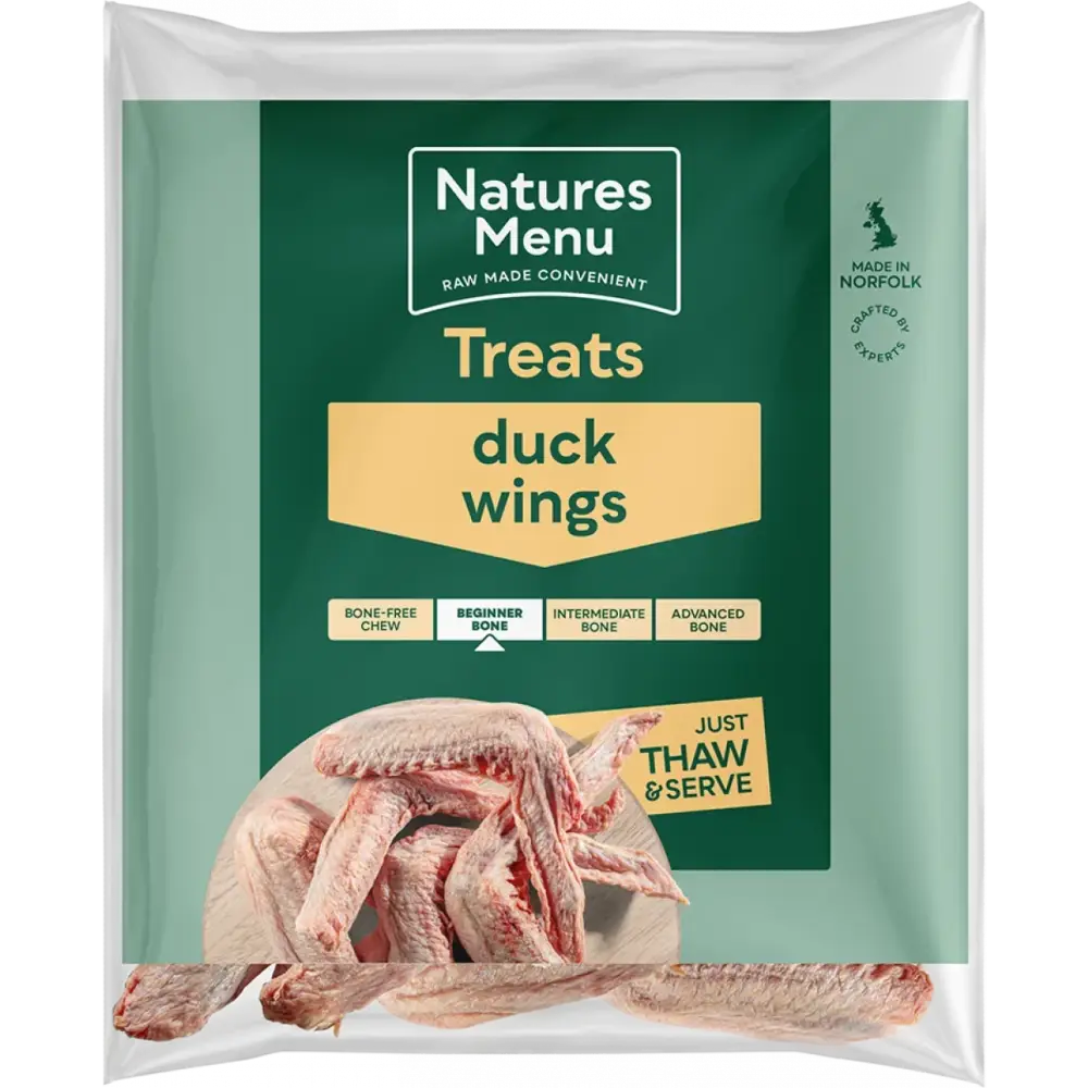Natures Menu responsibly sourced duck wings raw treat bag, green and white packaging