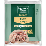 Natures Menu responsibly sourced duck wings raw treat bag, green and white packaging