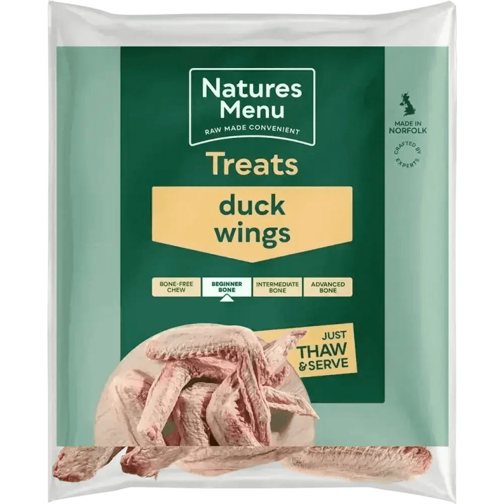 Natures Menu responsibly sourced duck wings raw treat bag, green and white packaging