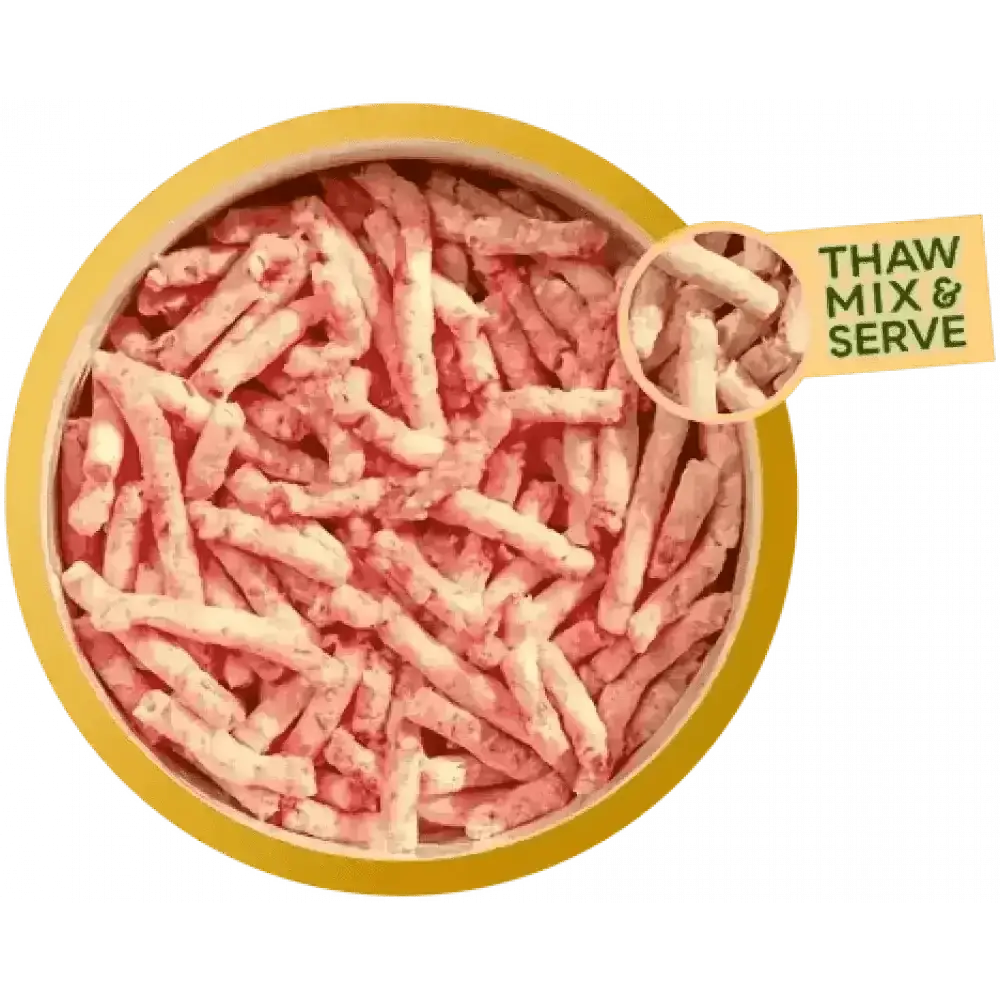Frozen Natures Menu raw freeflow quality mince chicken beef sticks in yellow bowl
