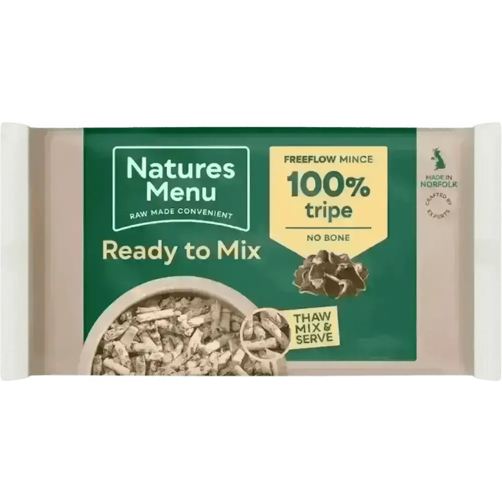Natures Menu quality minced tripe cat food in green white package