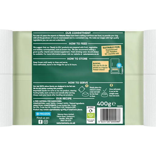 Natures Menu Raw Lamb & Chicken Mince Blocks | Natural raw dog food