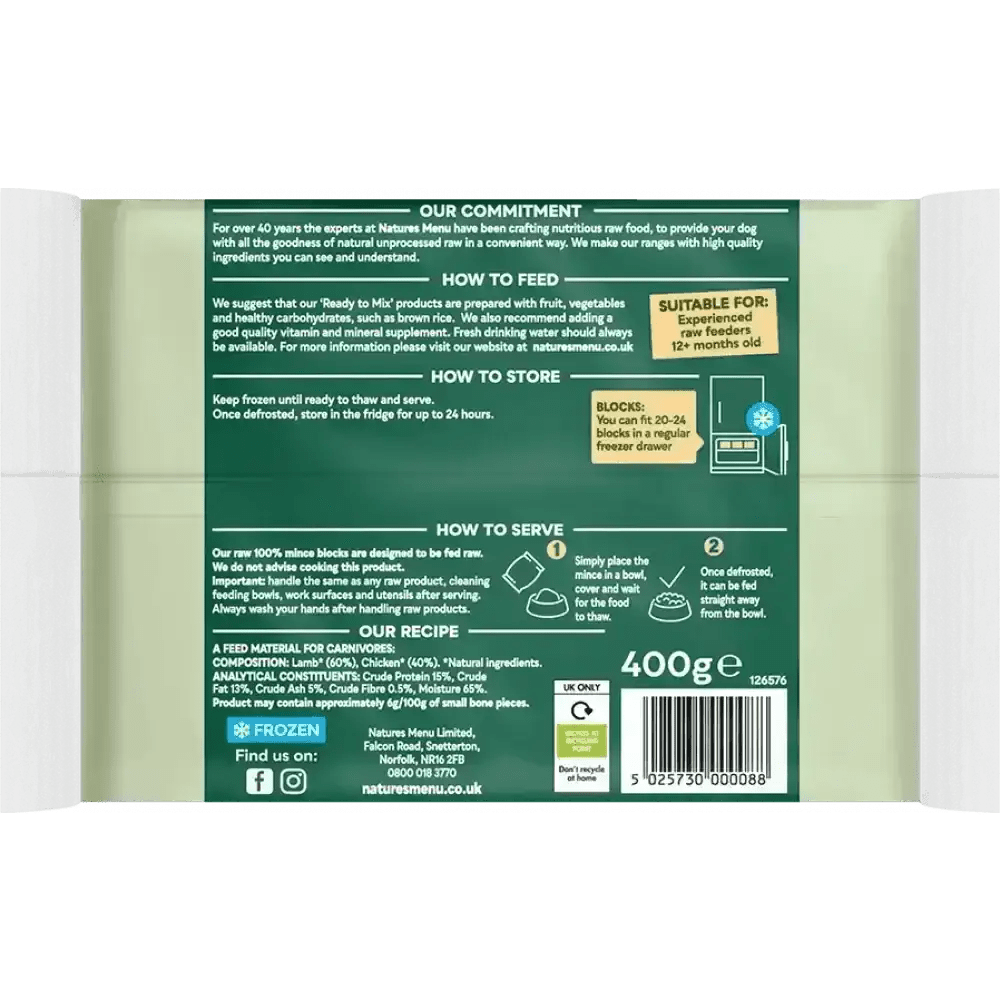Natures Menu Raw Lamb and Chicken Mince Block, 400g green white packaging with nutrition info