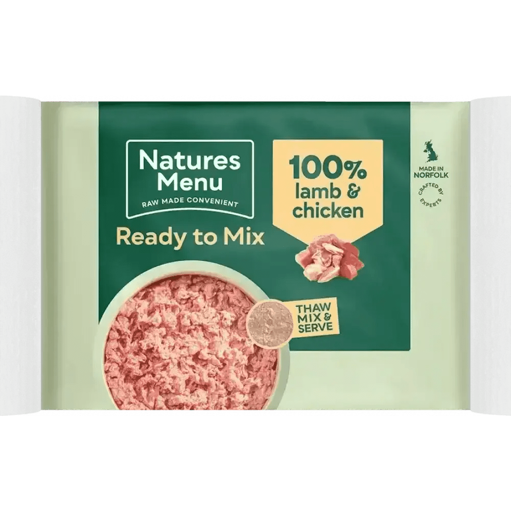 Natures Menu raw lamb and chicken mince block in convenient single serve portions