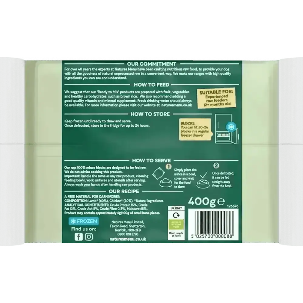 Natures Menu Raw Lamb and Chicken Mince Block, 400g green white packaging with nutrition info
