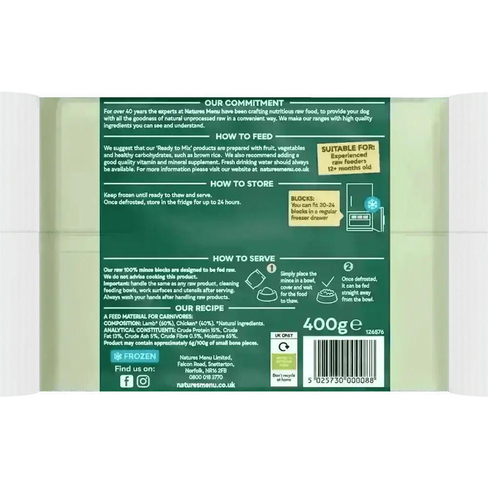 Natures Menu Raw Lamb and Chicken Mince Block, 400g green white packaging with nutrition info