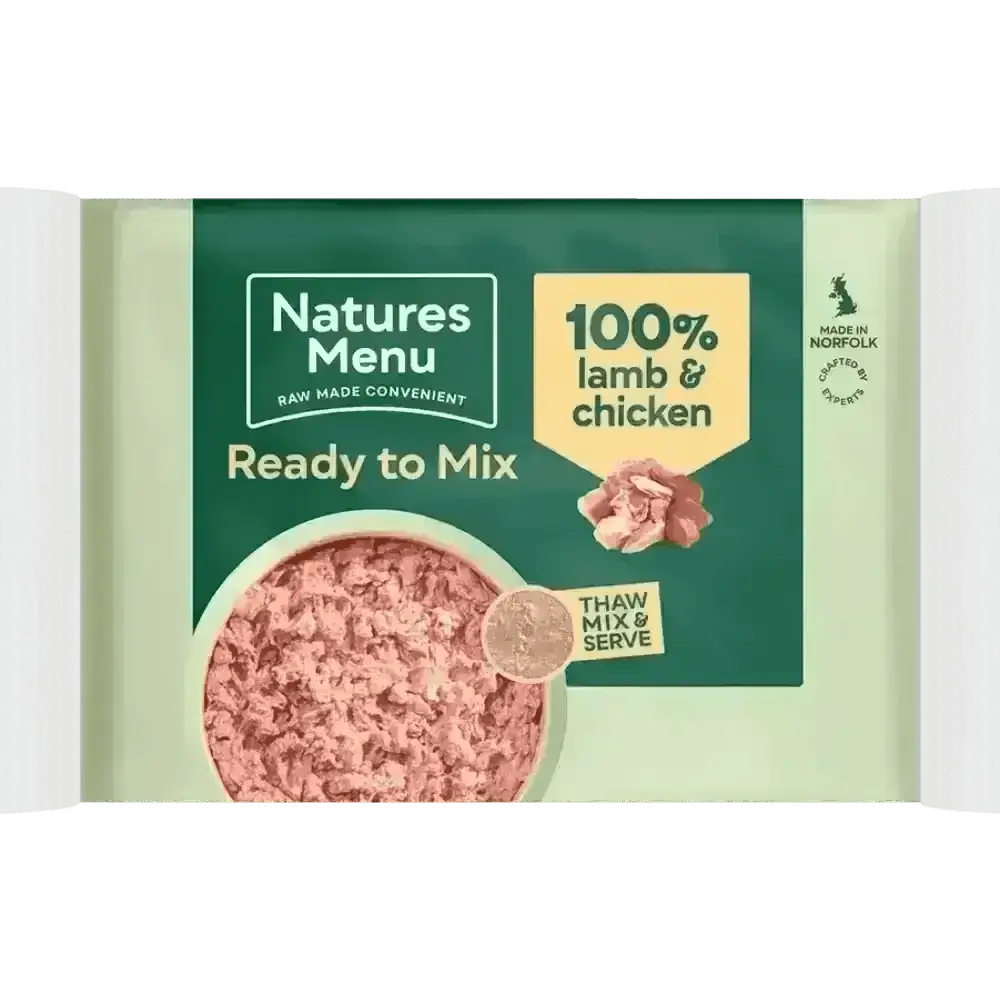 Natures Menu raw lamb and chicken mince block in convenient single serve portions