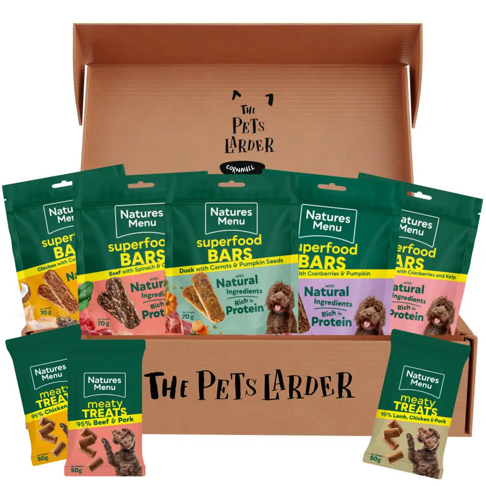 Natures Menu Treats Bundle with superfood bars and chicken mini treats in green pink packaging
