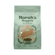 Norah’s Nuggets natural rabbit food in 2kg bag with mint green background and orange illustrations
