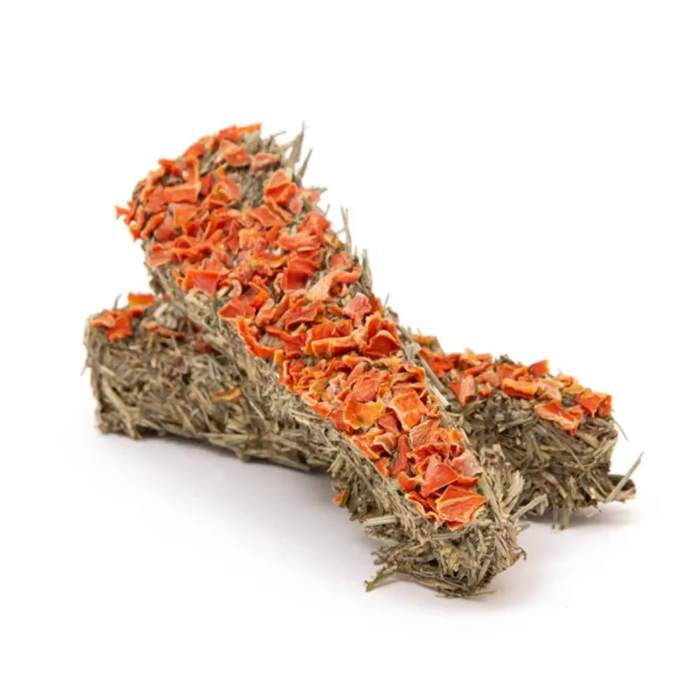 Norah’s Hay Carrot Sticks: bone-shaped treat with red orange fruit in textured surface