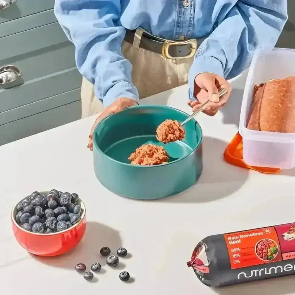 Nutriment’s raw boneless beef 1.4kg in teal white ceramic bowl