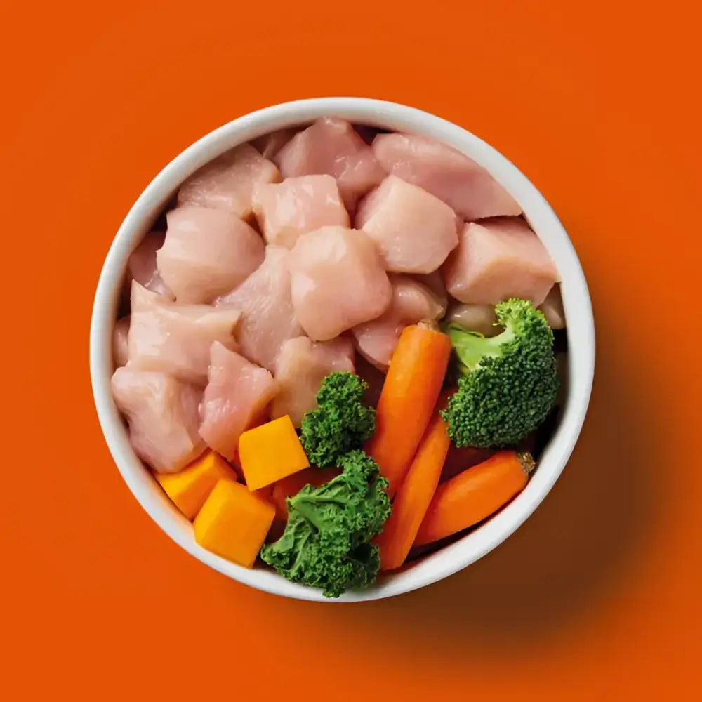 Nutriment’s raw chicken in white bowl with broccoli and carrots, ideal raw feeding solution