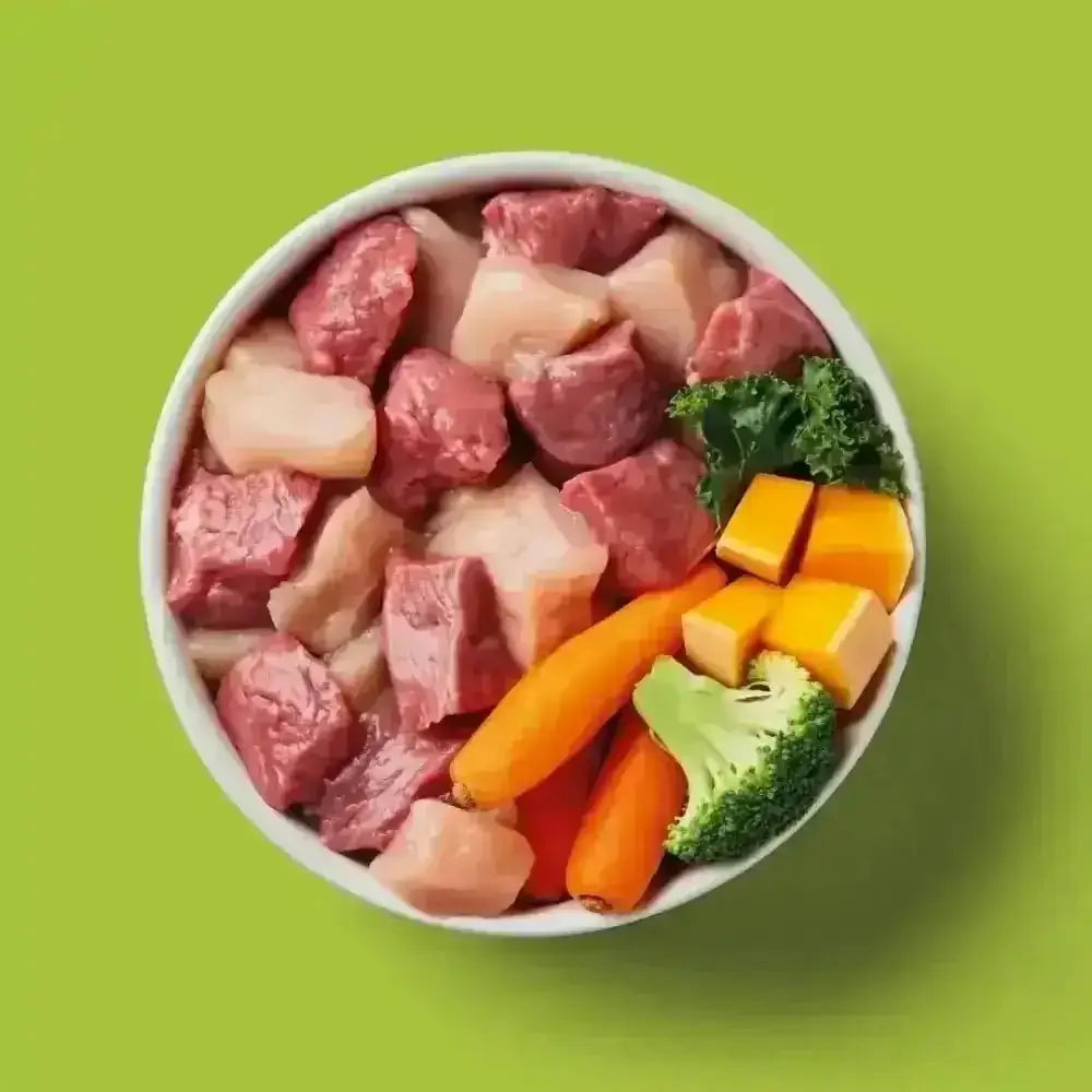 Nutriment Raw Chicken & Lamb 500g: nutritious raw feeding bowl with human-grade meat and colorful veggies