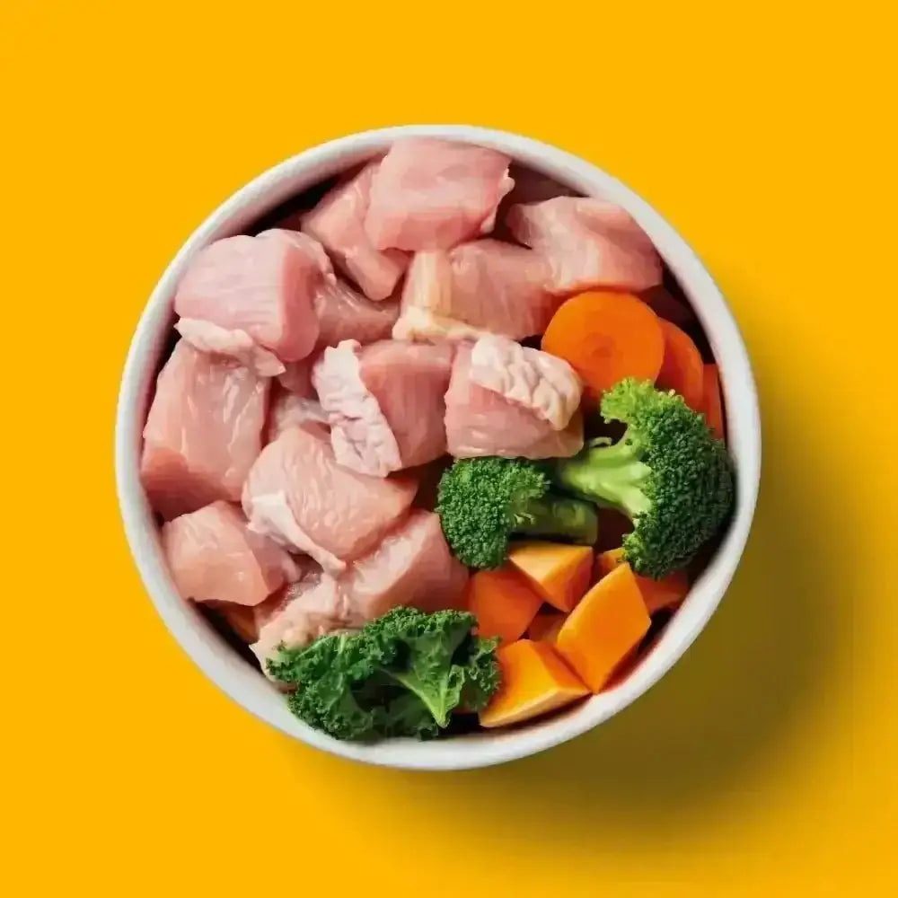 White ceramic bowl of Nutriment Raw Turkey with raw chicken and vegetables on yellow background